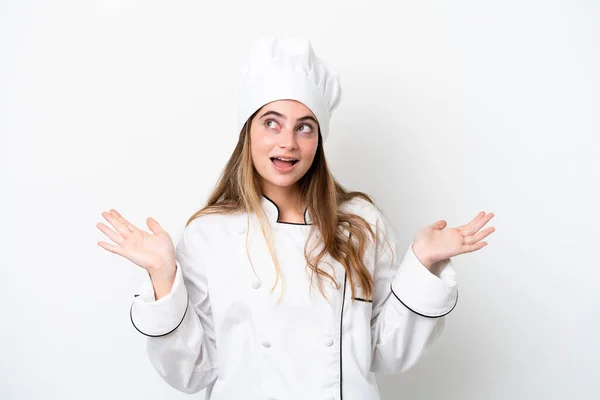 Young Caucasian Chef Woman Isolated White Background Shocked Facial Expression — Stock fotografie
