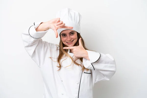 Young Caucasian Chef Woman Isolated White Background Focusing Face Framing — Stock fotografie