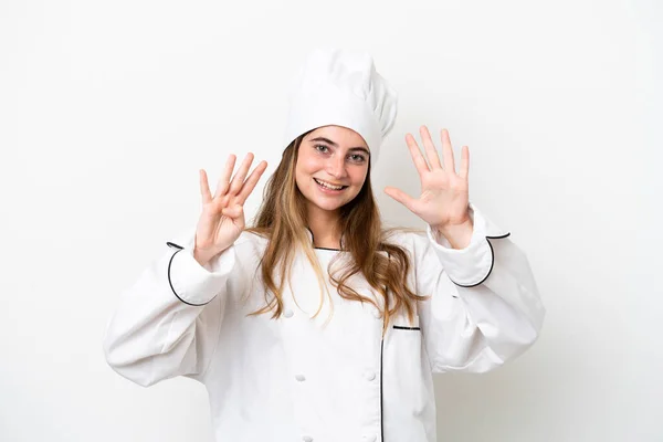 Young Caucasian Chef Woman Isolated White Background Counting Nine Fingers — Stock fotografie