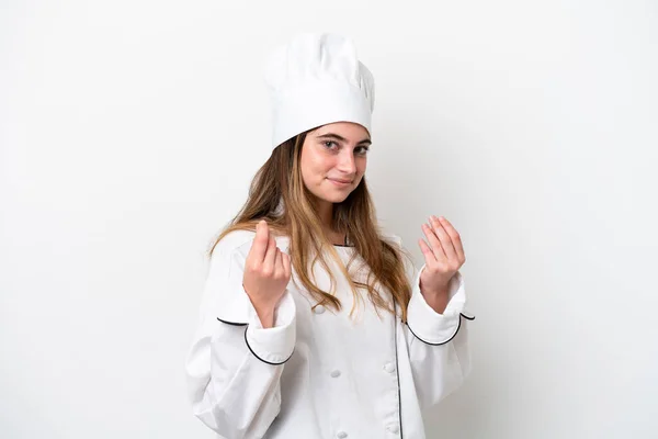 Young Caucasian Chef Woman Isolated White Background Making Money Gesture — Stock fotografie