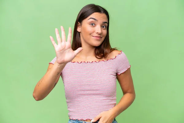 Young Caucasian Woman Isolated Green Chroma Background Counting Five Fingers — Stock Photo, Image