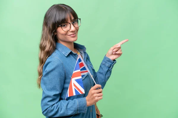 Young Caucasian Woman Holding United Kingdom Flag Isolated Background Pointing — Fotografia de Stock