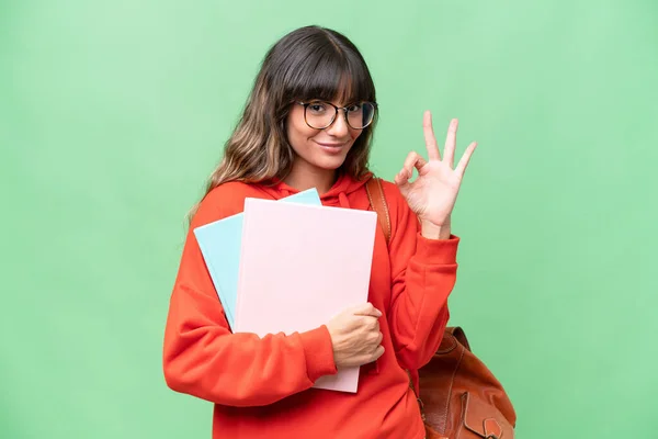 Young Student Caucasian Woman Isolated Background Showing Sign Fingers — Foto Stock