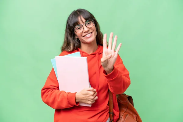 Young Student Caucasian Woman Isolated Background Happy Counting Four Fingers — Foto Stock