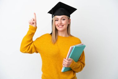 Young student caucasian woman isolated on white background pointing up a great idea