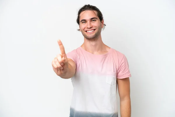 Caucasian Handsome Man Isolated White Background Showing Lifting Finger — Stockfoto