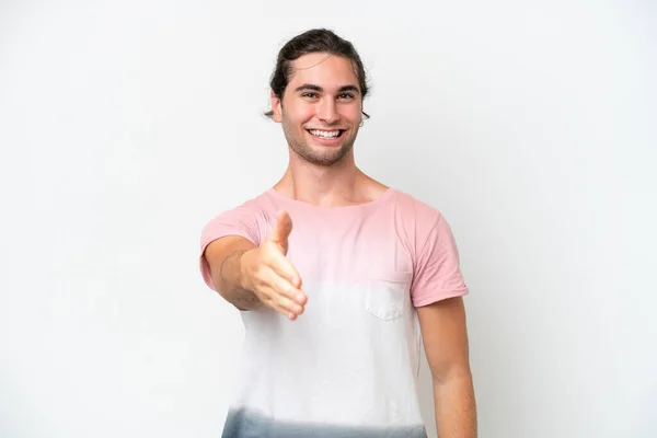 Caucasian Handsome Man Isolated White Background Shaking Hands Closing Good — Stockfoto