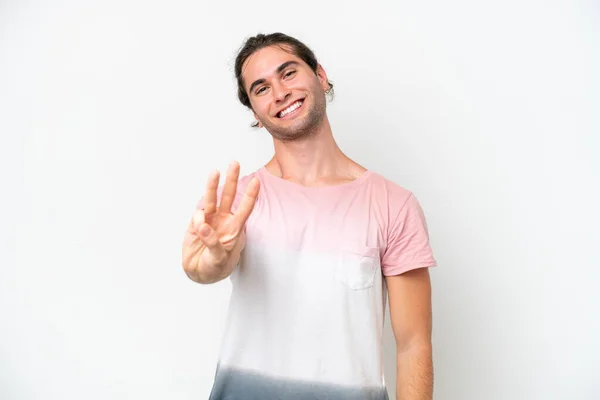 Caucasian Handsome Man Isolated White Background Happy Counting Three Fingers — Stockfoto