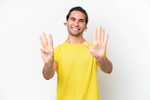 Caucasian Handsome Man Isolated White Background Counting Eight Fingers — Stockfoto