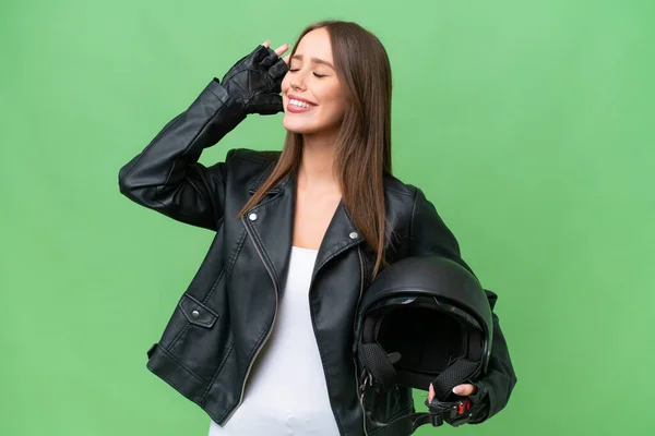 Young Pretty Caucasian Woman Motorcycle Helmet Isolated Background Smiling Lot —  Fotos de Stock