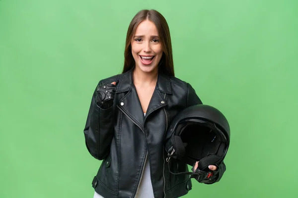 Young Pretty Caucasian Woman Motorcycle Helmet Isolated Background Celebrating Victory —  Fotos de Stock