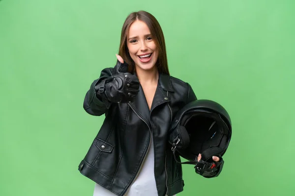 Young Pretty Caucasian Woman Motorcycle Helmet Isolated Background Thumbs Because —  Fotos de Stock