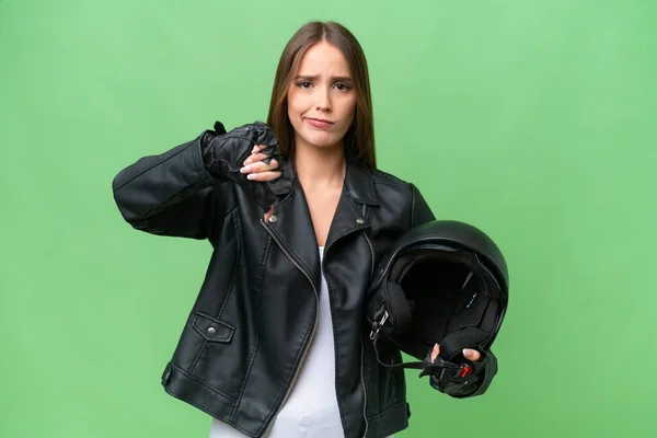 Young Pretty Caucasian Woman Motorcycle Helmet Isolated Background Showing Thumb —  Fotos de Stock