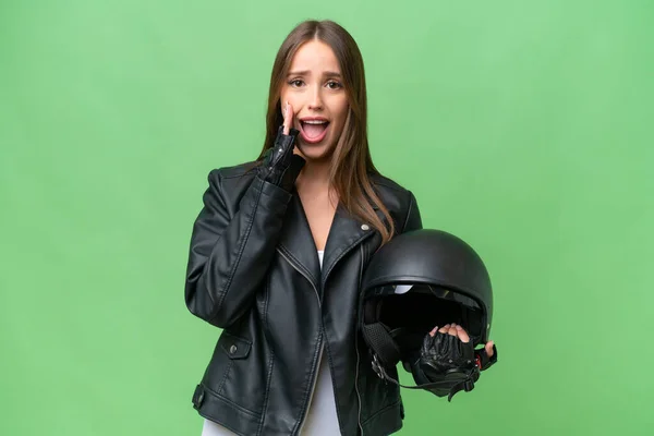 Young Pretty Caucasian Woman Motorcycle Helmet Isolated Background Surprise Shocked —  Fotos de Stock