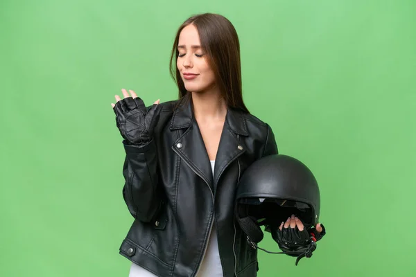 Young Pretty Caucasian Woman Motorcycle Helmet Isolated Background Making Stop —  Fotos de Stock