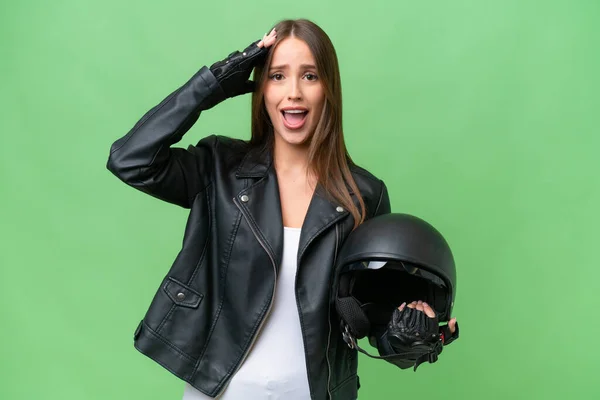 Young Pretty Caucasian Woman Motorcycle Helmet Isolated Background Surprise Expression —  Fotos de Stock