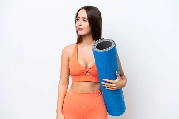 Young Beautiful Sport Woman Going Yoga Classes While Holding Mat — Stock Fotó