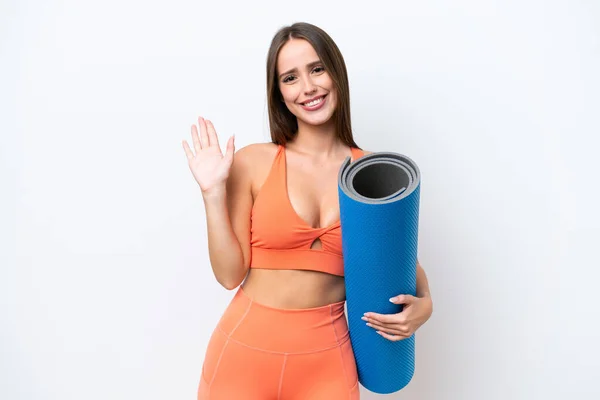 Young Beautiful Sport Woman Going Yoga Classes While Holding Mat —  Fotos de Stock