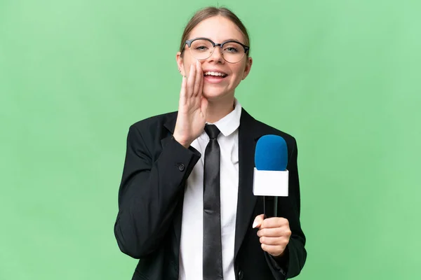 Young Presenter Caucasian Woman Isolated Background Shouting Mouth Wide Open — Stockfoto