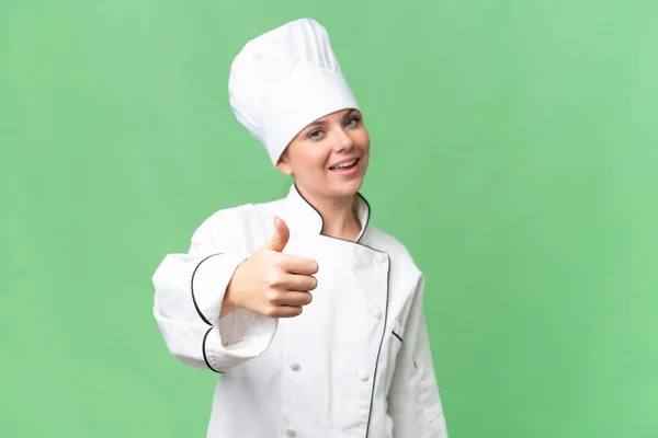 Giovane Donna Chef Sfondo Verde Isolato — Foto Stock
