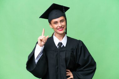 Young university graduate  caucasian woman over isolated background showing and lifting a finger in sign of the best