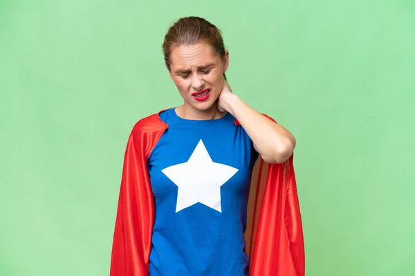 Super Hero caucasian woman over isolated background with neckache