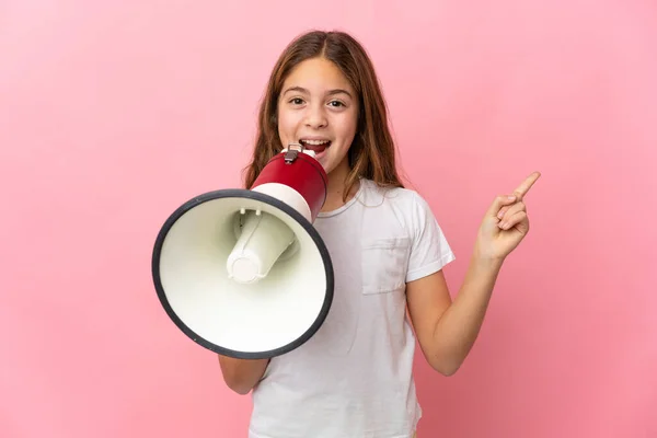 Child Isolated Pink Background Shouting Megaphone Pointing Side — Fotografia de Stock