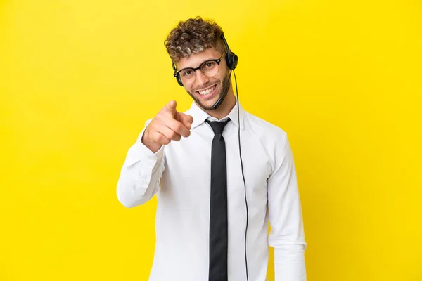 Telemarketer Blonde Man Working Headset Isolated Yellow Background Points Finger — 스톡 사진