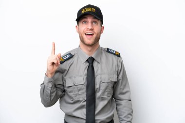 Young safeguard caucasian man isolated on white background pointing up and surprised
