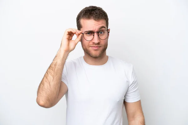 Young Caucasian Man Isolated White Background Glasses Frustrated Expression — Stockfoto