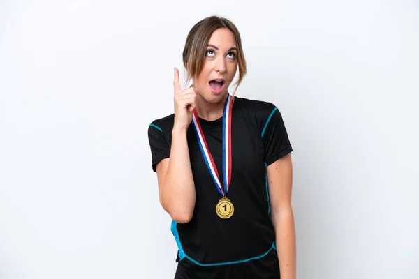 Young Caucasian Woman Medals Isolated White Background Thinking Idea Pointing — 스톡 사진