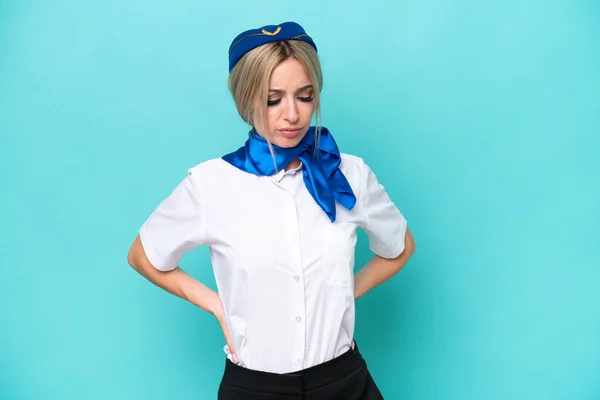 Airplane Blonde Stewardess Woman Isolated Blue Background Suffering Backache Having — 스톡 사진