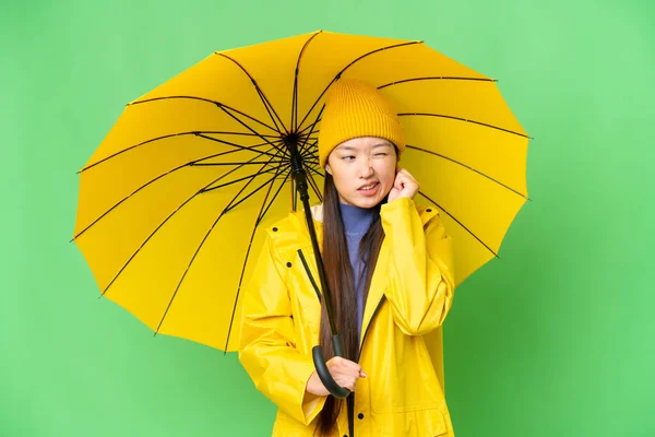 Young Asian Woman Rainproof Coat Umbrella Isolated Chroma Key Background —  Fotos de Stock