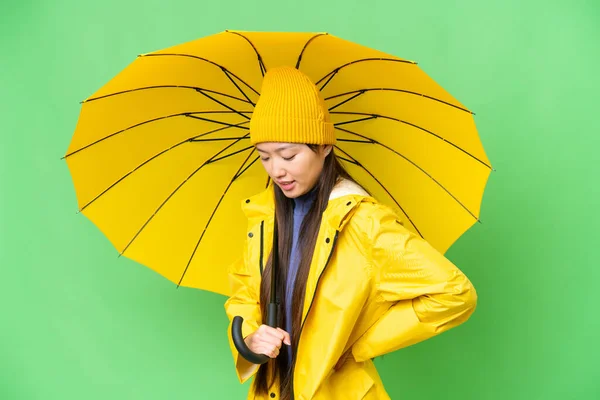 Young Asian Woman Rainproof Coat Umbrella Isolated Chroma Key Background — Stockfoto