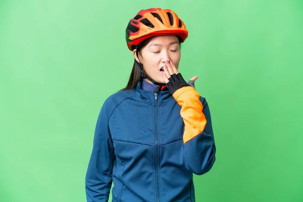 Young Cyclist Woman Isolated Chroma Key Background Yawning Covering Wide — Stockfoto