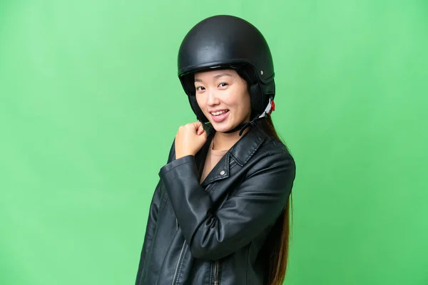 Young Asian Woman Motorcycle Helmet Isolated Chroma Key Background Celebrating — Stockfoto