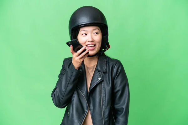 Young Asian Woman Motorcycle Helmet Isolated Chroma Key Background Keeping — Stockfoto