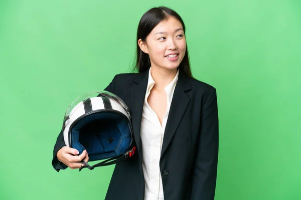 Young Asian Woman Motorcycle Helmet Isolated Chroma Key Background Looking — ストック写真