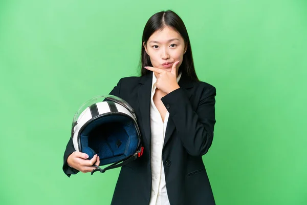 Young Asian Woman Motorcycle Helmet Isolated Chroma Key Background Thinking — ストック写真