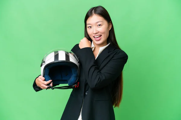 Young Asian Woman Motorcycle Helmet Isolated Chroma Key Background Celebrating — ストック写真