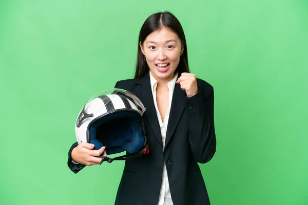 Young Asian Woman Motorcycle Helmet Isolated Chroma Key Background Celebrating — ストック写真