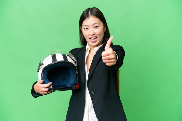 Young Asian Woman Motorcycle Helmet Isolated Chroma Key Background Thumbs — ストック写真