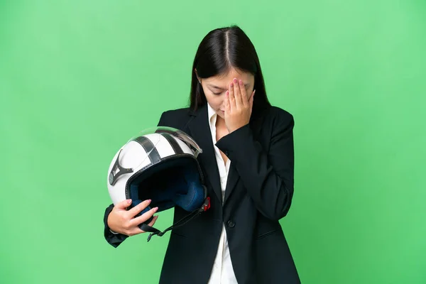 Young Asian Woman Motorcycle Helmet Isolated Chroma Key Background Tired — ストック写真