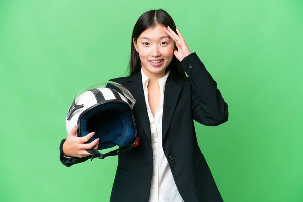 Young Asian Woman Motorcycle Helmet Isolated Chroma Key Background Surprise — ストック写真