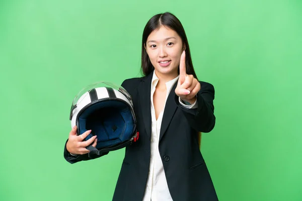 Young Asian Woman Motorcycle Helmet Isolated Chroma Key Background Showing — ストック写真