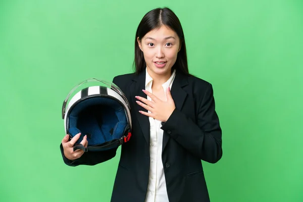 Young Asian Woman Motorcycle Helmet Isolated Chroma Key Background Surprised — ストック写真