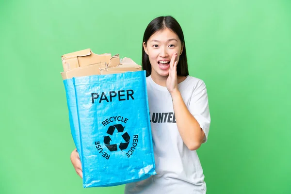 Young Asian Woman Holding Recycling Bag Full Paper Recycle Isolated — стокове фото