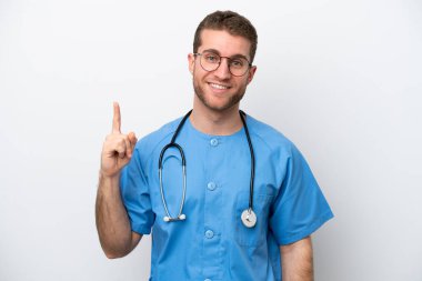 Young surgeon doctor caucasian man isolated on white background showing and lifting a finger in sign of the best