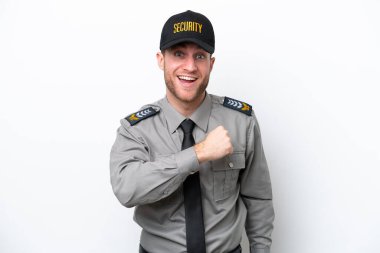 Young safeguard caucasian man isolated on white background celebrating a victory