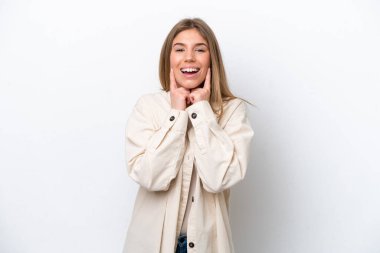 Young caucasian woman isolated on white bakcground smiling with a happy and pleasant expression